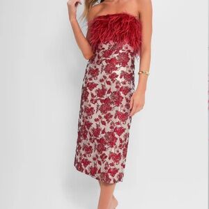 NWT Hyacinth House Reina Red Jacquard Feather Strapless Midi Dress Size 12